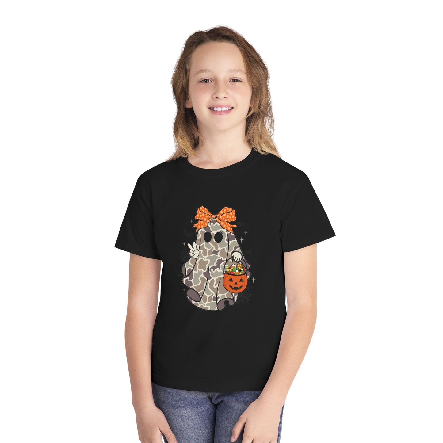 Kids' Halloween Ghost Tee — Camo Ghost with Bow & Pumpkin Candy Pail