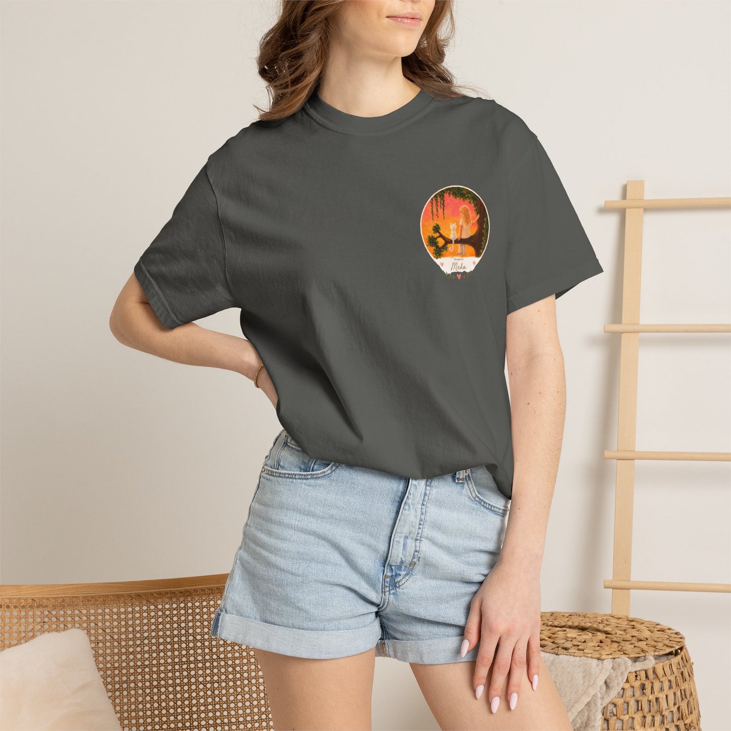 "Sunset Cat & Girl Graphic T-Shirt" Designs by Meka