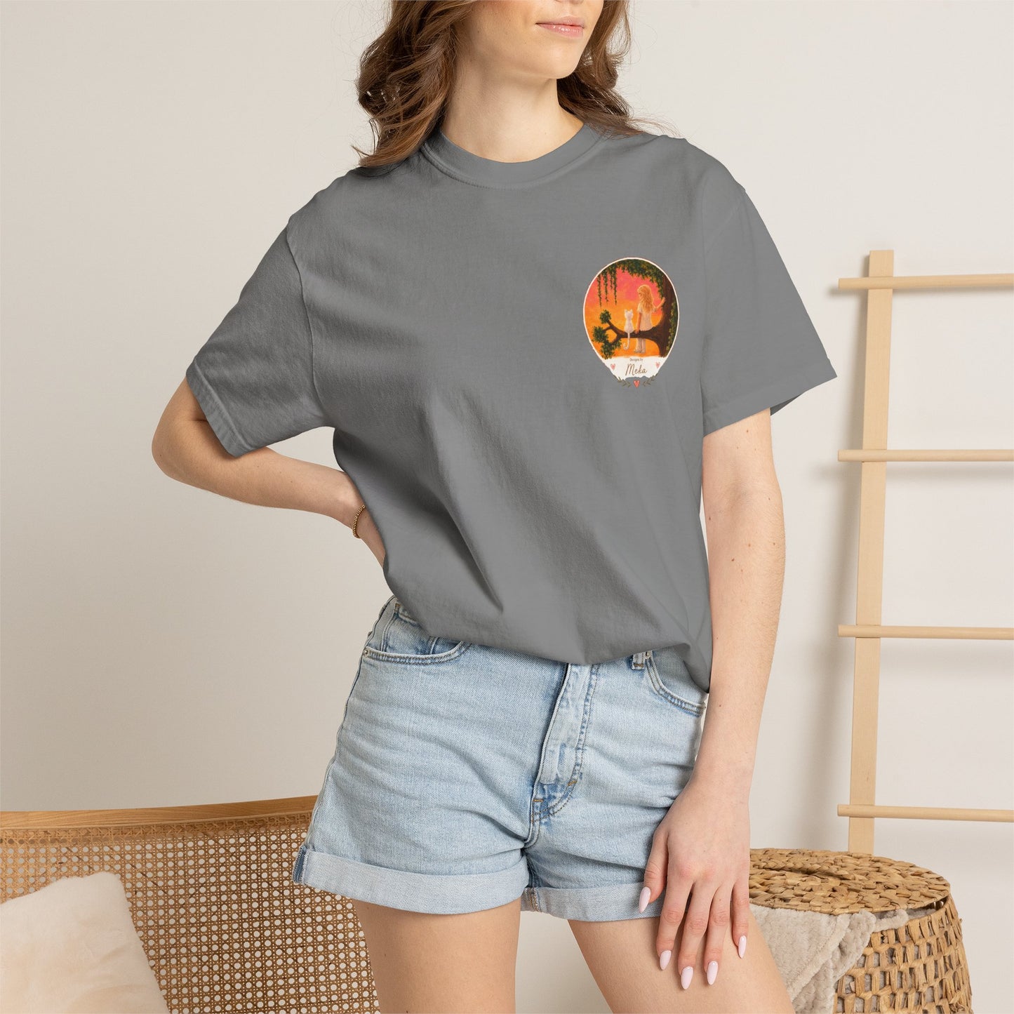 "Sunset Cat & Girl Graphic T-Shirt" Designs by Meka