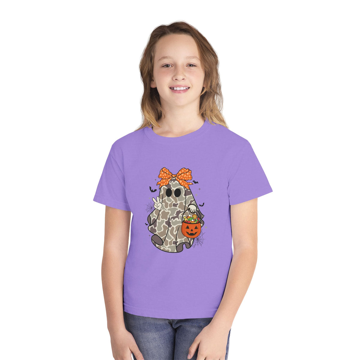 Kids' Halloween Ghost Tee — Camo Ghost with Bow & Pumpkin Candy Pail
