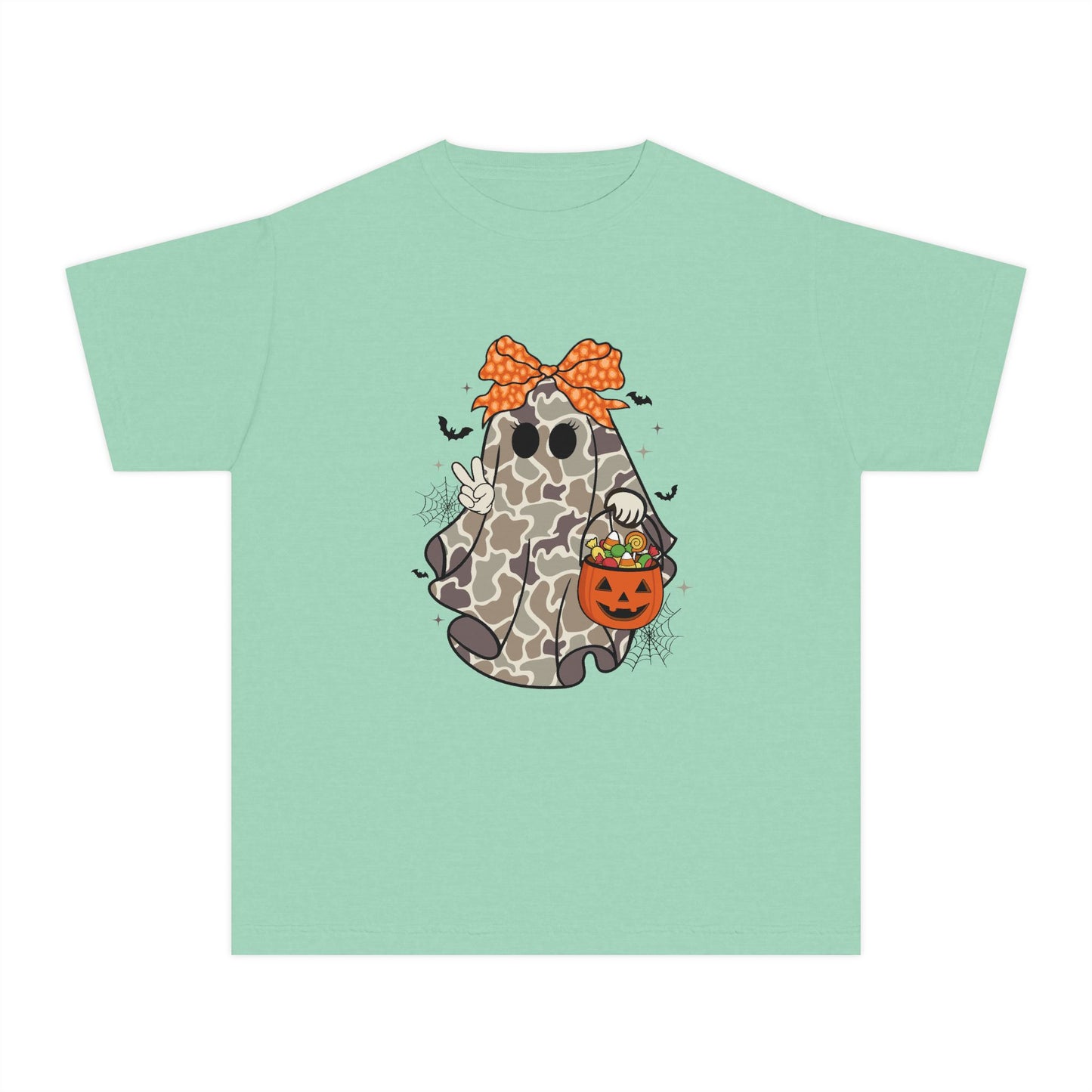 Kids' Halloween Ghost Tee — Camo Ghost with Bow & Pumpkin Candy Pail