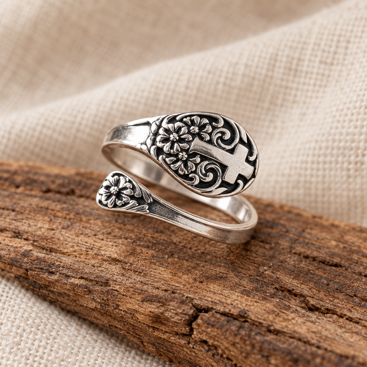 925 Sterling Silver Adjustable Floral Cross Ring
