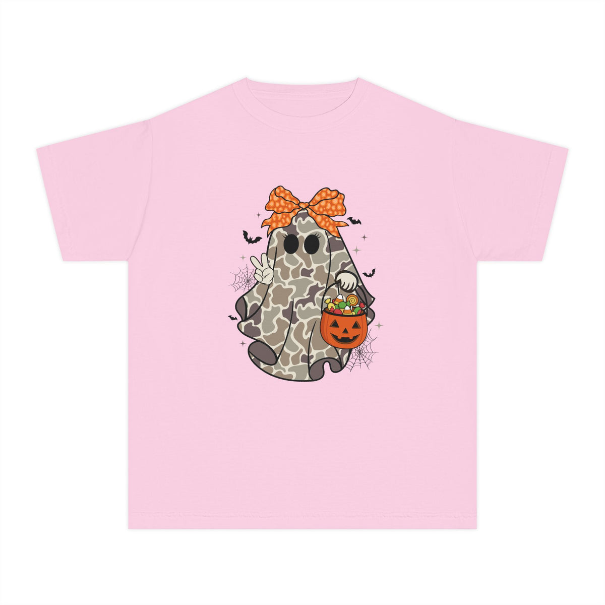 Kids' Halloween Ghost Tee — Camo Ghost with Bow & Pumpkin Candy Pail