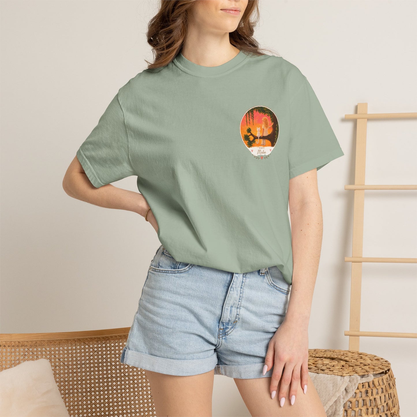 "Sunset Cat & Girl Graphic T-Shirt" Designs by Meka