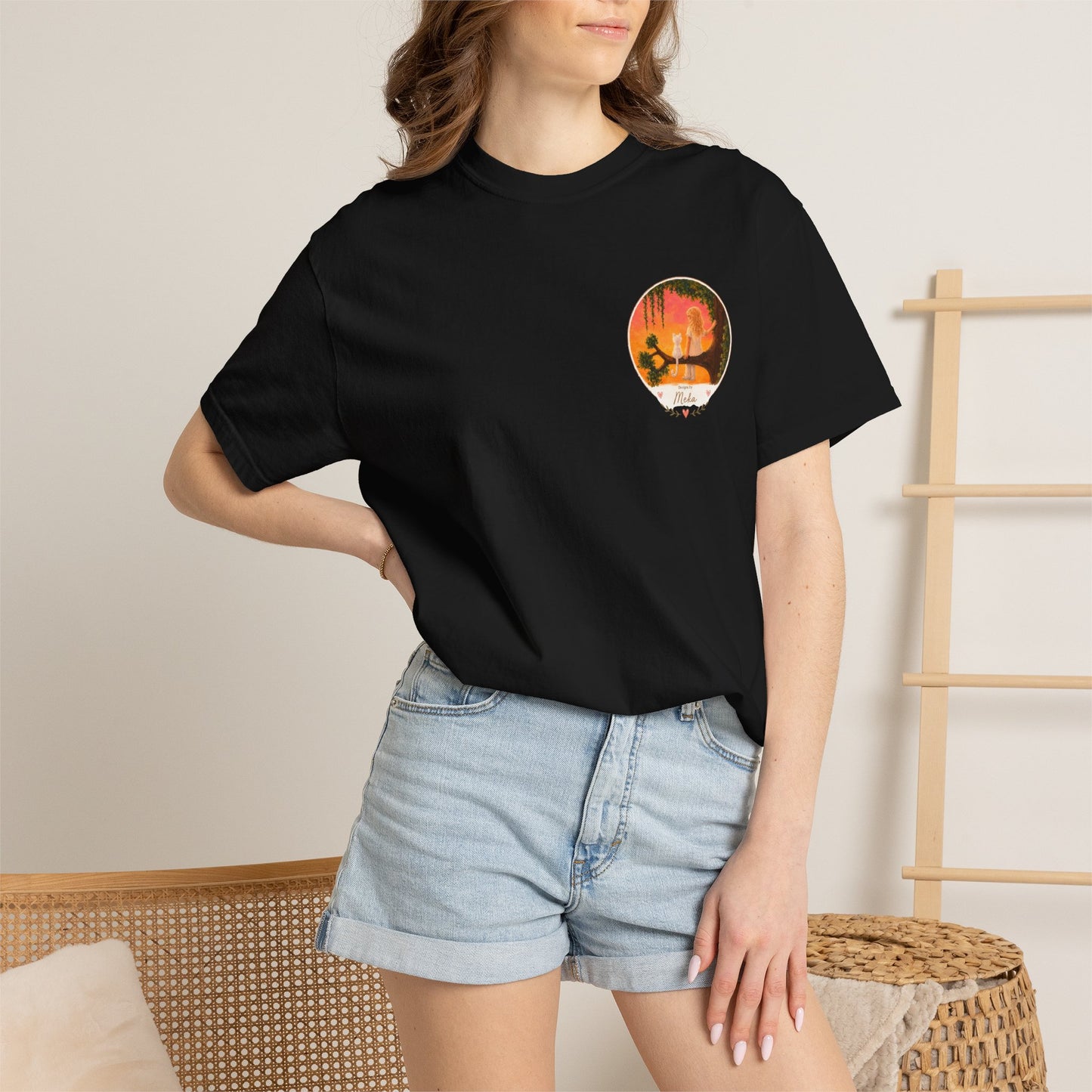 "Sunset Cat & Girl Graphic T-Shirt" Designs by Meka