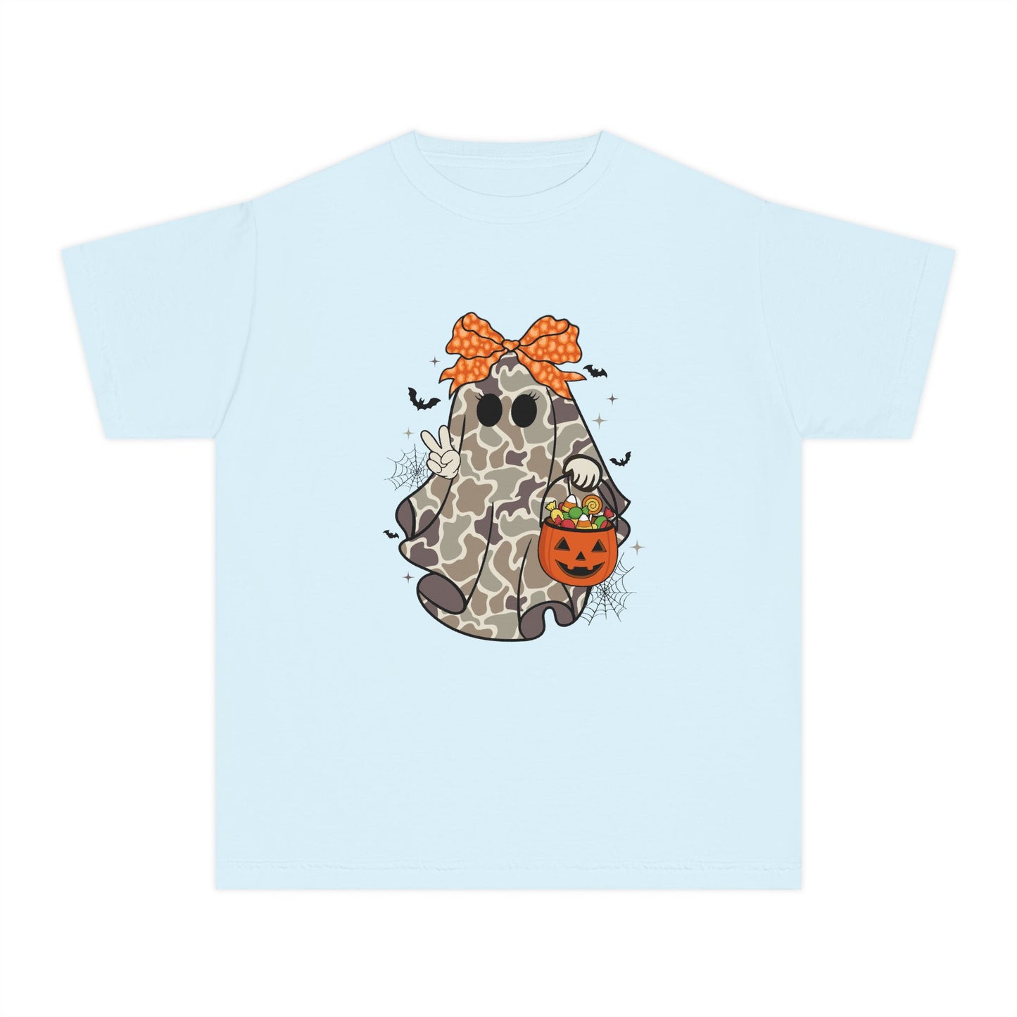 Kids' Halloween Ghost Tee — Camo Ghost with Bow & Pumpkin Candy Pail