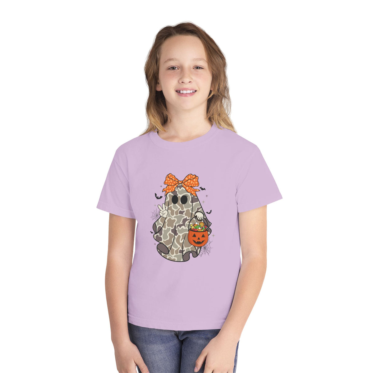 Kids' Halloween Ghost Tee — Camo Ghost with Bow & Pumpkin Candy Pail