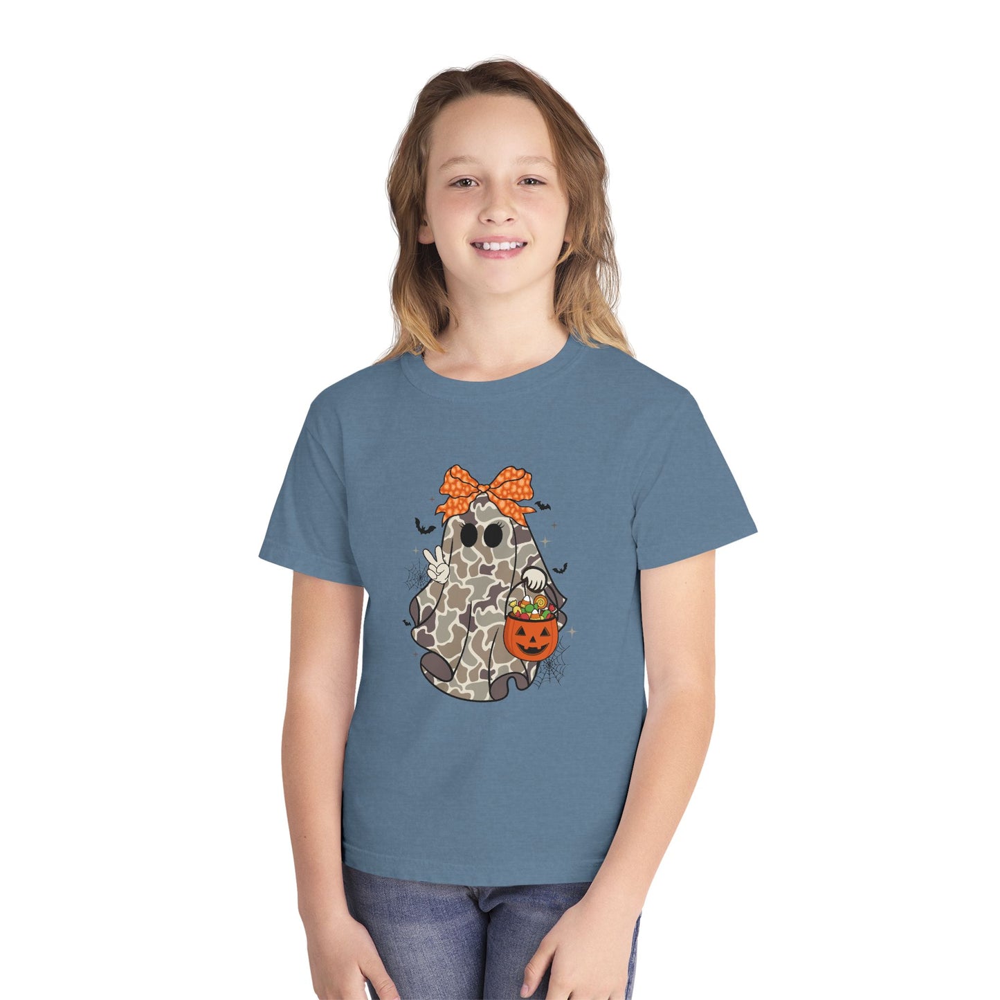 Kids' Halloween Ghost Tee — Camo Ghost with Bow & Pumpkin Candy Pail