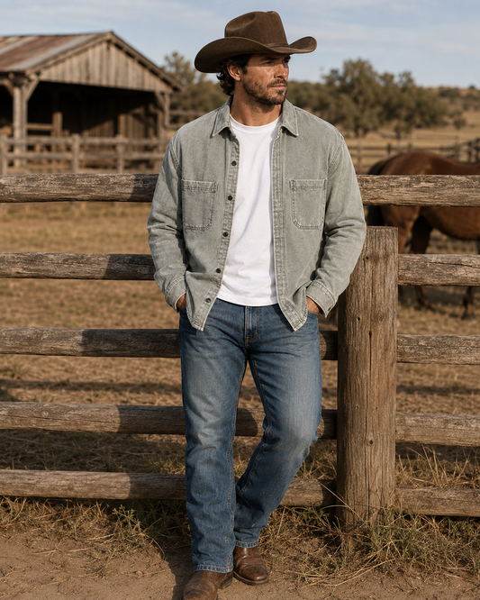 Men's Small to Plus Size Vintage Washed Denim Shirt with Dual Chest Pockets