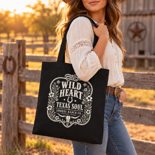 Wild Heart Texas Soul Black Canvas Tote Bag